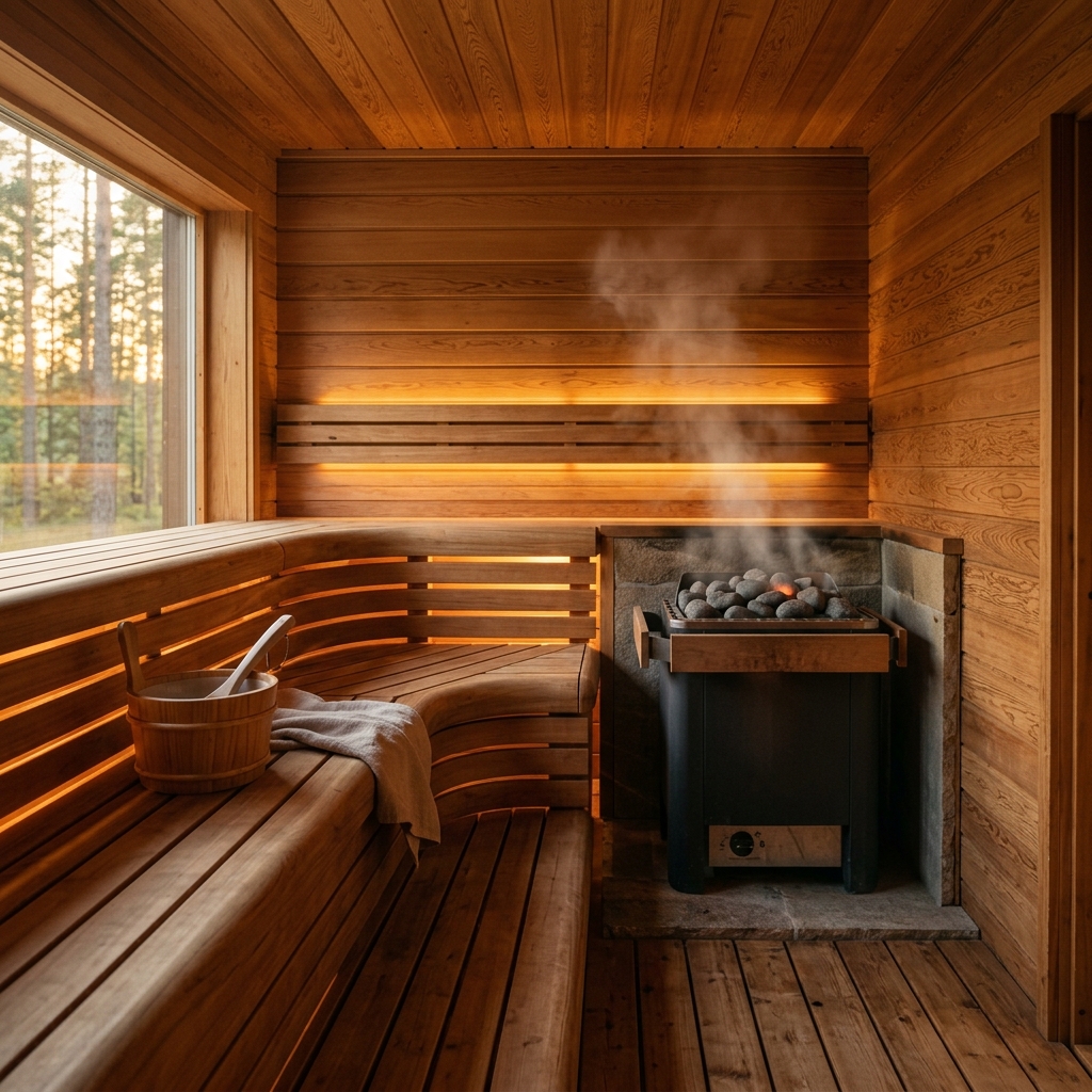 Warm cedar sauna interior with steam rising from the heater